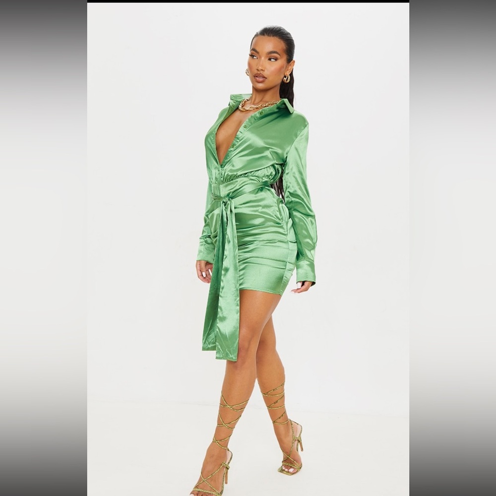 Green and Rust-Orange Satin Ruched Shirt Dress!